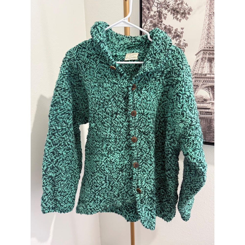 Handmade Ecuador Wool Chunky Knit Cardigan Sweater Teal Green Black OSFM